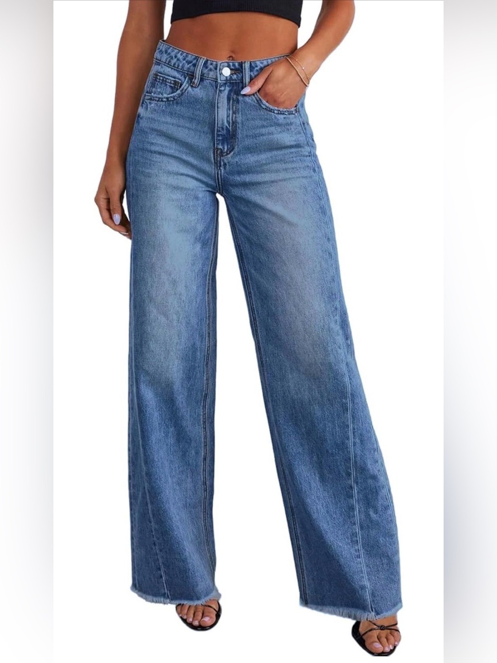 Sidefeel Wide Leg Jeans 16 High Rise Raw Hem Stretch Medium Wash Denim NWOT